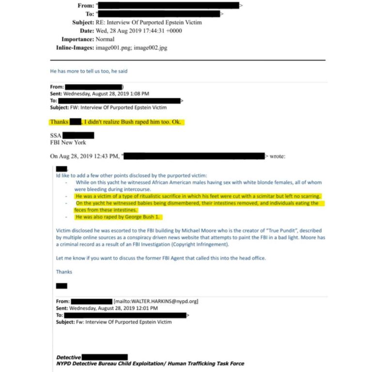 Newly Released Epstein Files Reveal 2019 FBI/NYPD Email Detailing Graphic, Unverified Allegations Against “George Bush 1″